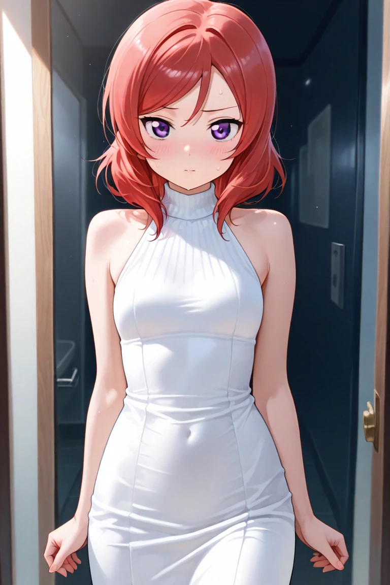1 girl, graduation bob, straight short hair, mediumvioletred hair, mediumvioletred eyes, big droopy eyes, small beret, selfish