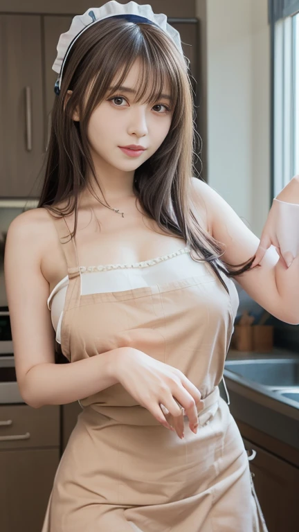 photography of a brightly sangmi nam who is korean actress,masterpiece,photorealistic,analog,realism,korean idol,slim leg, long_brown_hair,1 girl, very bright backlighting, solo, {beautiful and detailed eyes}, large breasts,calm expression, natural and soft light, hair blown by the breeze, delicate facial features, Blunt bangs, beautiful korean girl, eye smile, very small earrings,(wearing a pendant, donning an apron in the kitchen:1.3),(Three-strand braid hairstyl:1.5),23yo,(revealing a glimpse of cleavage :1.1),film grain, realhands,shy smile,sexy posing