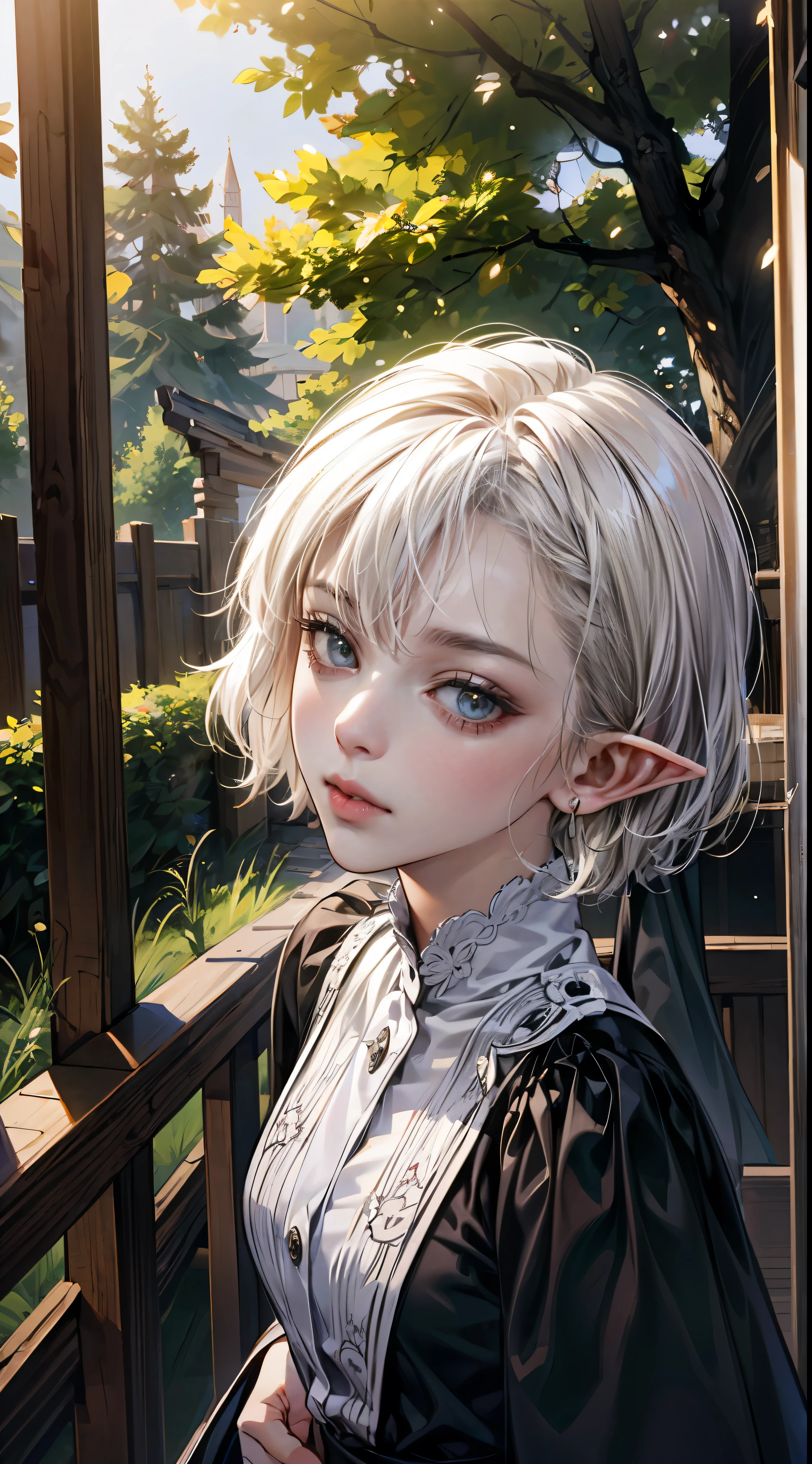 An image of a female elf exuding tranquility and elegance as she leans against a majestic tree in an enchanted woodland, by Yusuke Murata, Concept Art, Elf, Bob Cut, White Hair, Documentary Photography, Dramatic Lighting, GoPro HERO9 Black, Ground Level-view, Canon EF 16-35mm, Chic Outfit, insanley detailed face and eyes, Perfect lips.