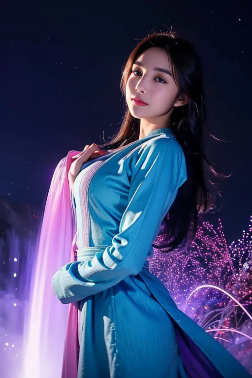 (((best quality))),(((ultra detailed))),(((masterpiece))),illustration,((1girl,Rui Kisugi,solo)),((slim,thin)),((small breasts,flat chest)),(long wavy hair:1.2),((bare shoulder,shoulder off)),(purple full-body tight-fitting catsuit:1.5),(wearing cyan ribbon around waist:1.5),(standing:1.3),(On the roof of skyscraper:1.3),(city view:1.2),(outdoor:1.2),(night scene:1.3),elegant,confident,athletic,curves,(slender legs:1.2),waist,concrete,glass,buildings,starry sky,natural beauty,captivating,thought-provoking,((from front,upper body))