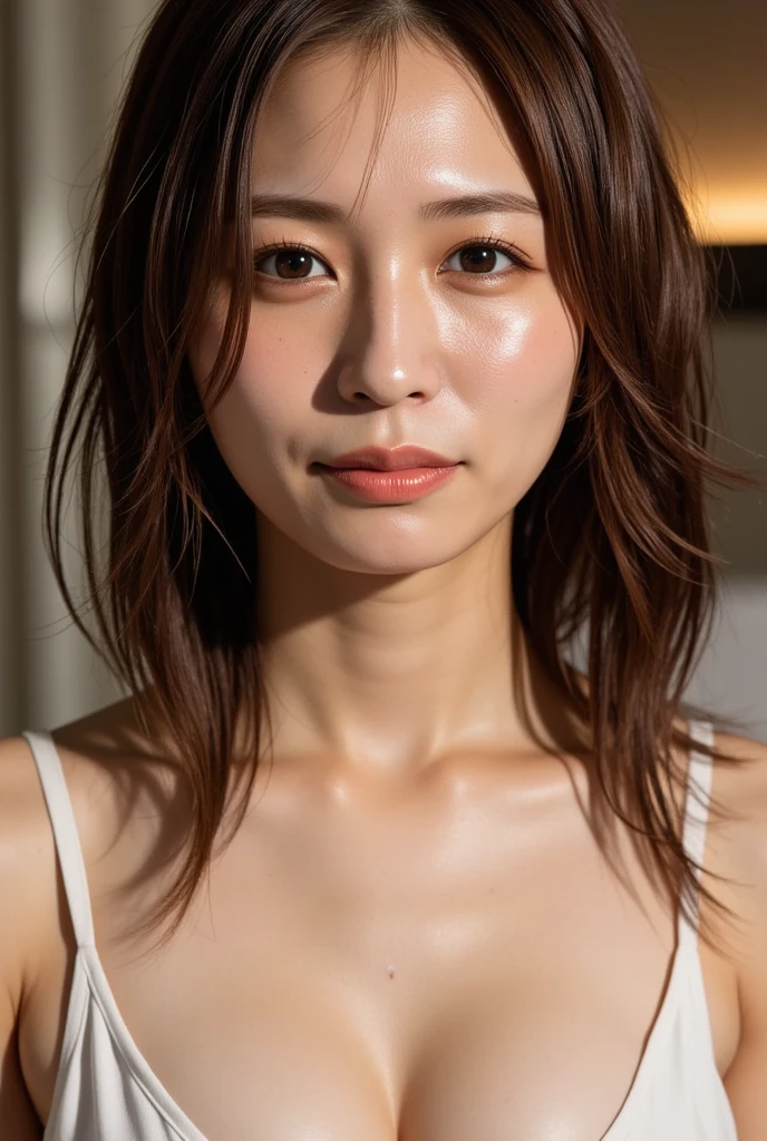 (best quality:1.4,masterpiece)),((16k,RAW photo)),((realistic, photo realistic)),(ultra-detailed, detailed face, detailed skin texture),(professional lighting, professional photography)break nsfw, masterpiece, best quality,  1girl, solo, large breasts, short hair, light brown hair, gray eyes, hotel, nsfw, naked, (missionary position:1.3), pov, 1boy, penis, sex, (lying on froor:1.2), steam, sweat, (overhead shot:1.2), sexually excited, upper body, (cum facial:1.3))