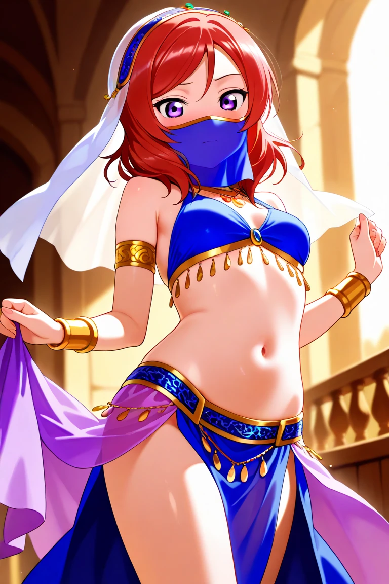 score_9, score_8_up, score_7_up, score_6_up, source_anime, BREAK by ikuchan kaoru, iku, clean color, flat color, sitting, indoors, presenting, couch, 1boy, femboy, bored, apathetic, orange hair, break, ((arabian clothes)), belly dancer, face veil, veil, venti, huge thighs, erect bulge, penis outline