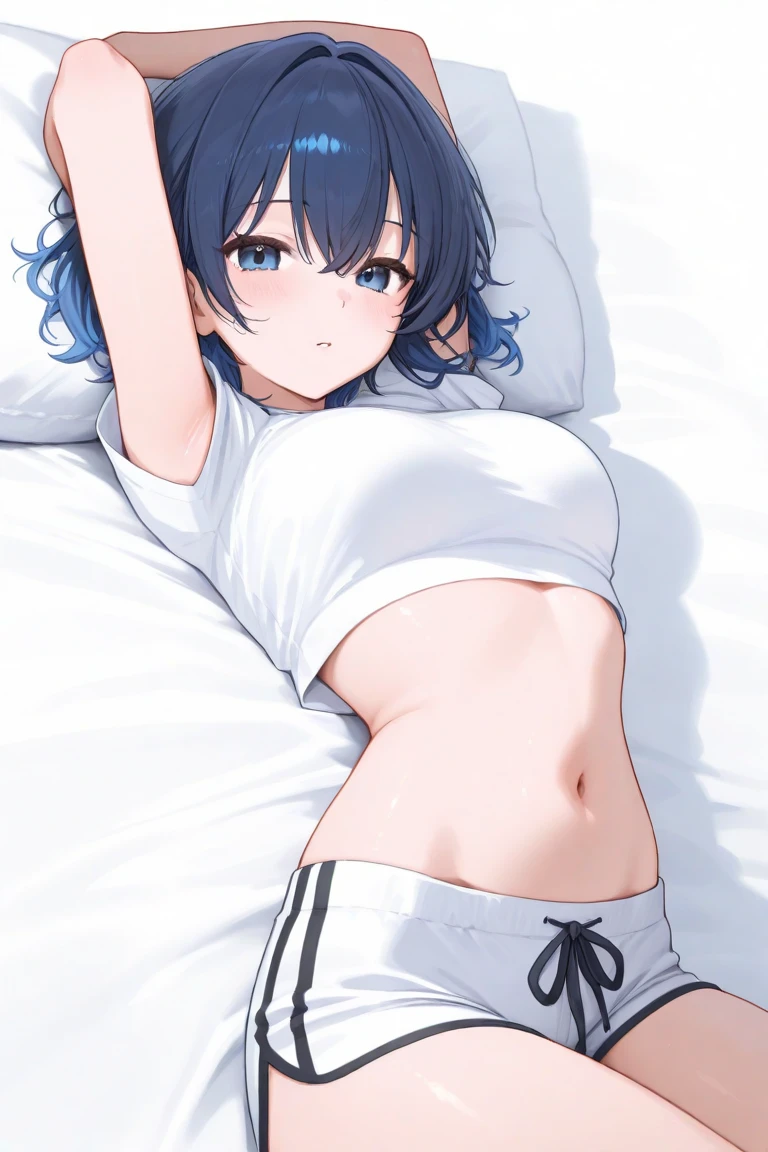 (highest quality,Cowboy shot:1.2),(Solo,a junior girl lying on the bed,((pov_strangling:1.2)),((messy short cut hair), (confused:1.3,embarrassed), shyness:1.1),(flat chest:1.2), (Sweaty, sunburned skin),(open mouth:1.3),bedroom,((fake smile,constricted pupils:1.4,tears)),arms up,(penis awe:1.3),White sports bra,blue sports Panties
