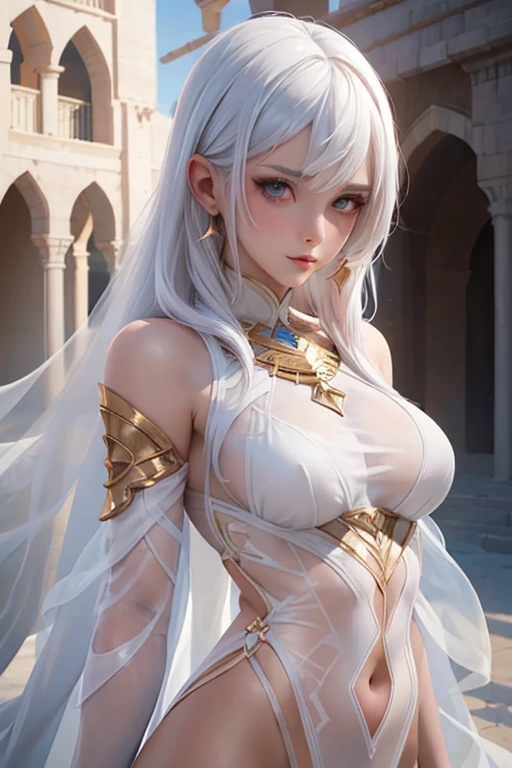 Goddess is an invincible masterpiece, Ultra photo realsisim, Perfect Artwork, Intricate details, Best Quality, strong lights, High contrast, White and golden robes and white and golden skirts(makina:1.2)(masutepiece) , (Best Quality) , (Highly detailed wallpapers CG Unity 8k) , (best character detail:1.36), wet lands, Oppressive sky, white clouds , (Delicate lines:1.24), ([Mirrors reflect water]:1.37) , (Fantasy) , cumulonimbus clouds , (The oppressive atmosphere of the host:1.14) , (cold light:1.2) , Color splattering , Colorful, full body Esbian,White background, Detailed eyes, Beautiful eyes, Detailed eyeshadow, Golden Eyes, Red Lipstick, wariza, hair adornments, Simple background, cube hair ornament,Short bob gray hair, 1womanl, hightquality　real looking skin　超A high resolution