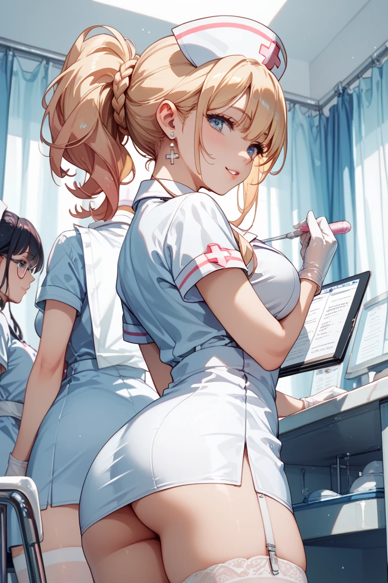 ((2 girls))、(smile:1.5)、Small breasts、(Cowboy Shot)、(fun!!)、(cardigan)、(Blonde)、(blush:1.4)、、(single braid)、(Eye highlights:1.3)、, Rest indoors, ((Hospital room:1.5))、 BREAK while watching the audience、(Grab the skirt:1.0)、 (Perfect hands, Perfect Anatomy),Cowboy Shot、(Skirt lift:1.3),(Highly detailed panties:1.3)、(Highly detailed panties:1.3)、、(スカート that rolls up:1.3)、(Full-fledged panties:1.5)、Light blue eyes、nurse uniform
、nurse cap