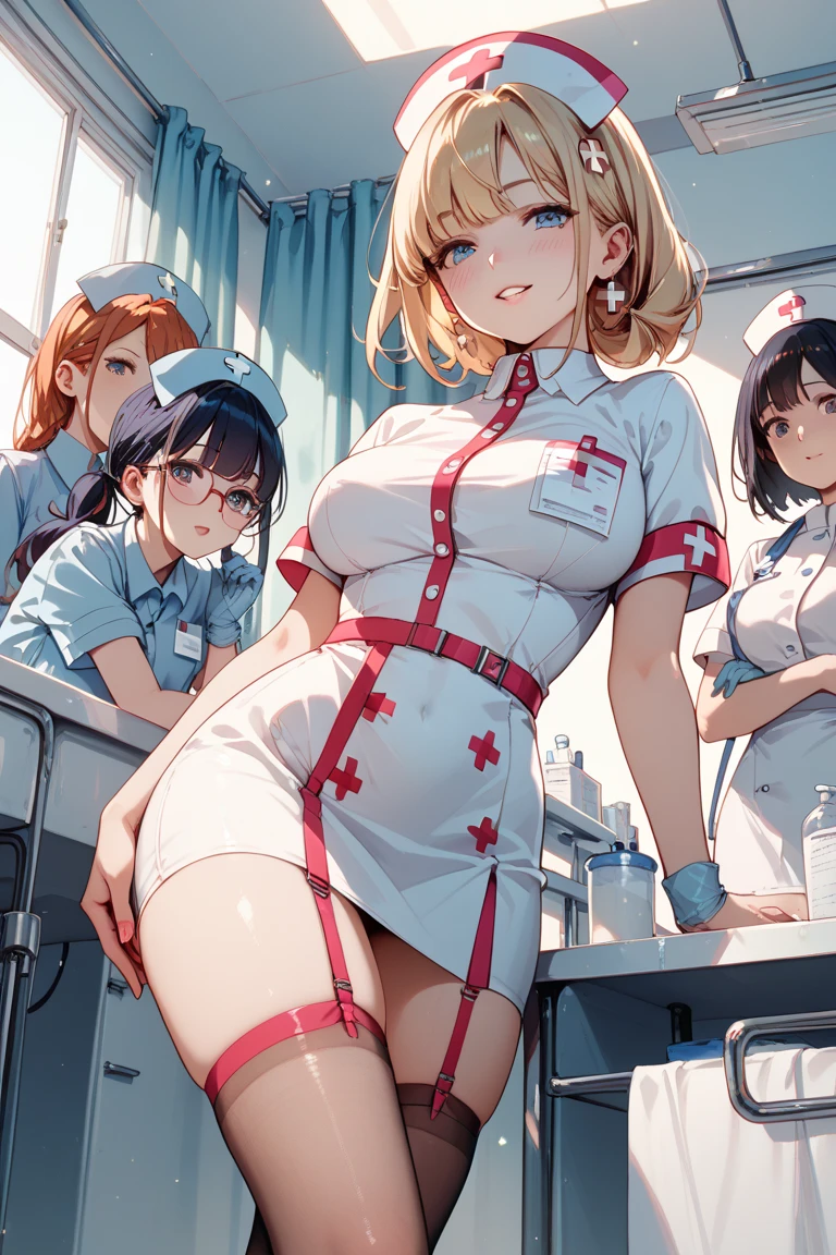 uniform,nurse uniform,hospital, latex nurse suit,nurses,busty,elbow gloves,labcoat,gingerhair woman,white eyes , gigantic boobs ,medical instruments,asian nurse,two nurses,speculum,examination room,oversize boobs, ,big ass ,strap on, lay on table ,legs spreaded,giving birth,gyno chair , dentist,Milf