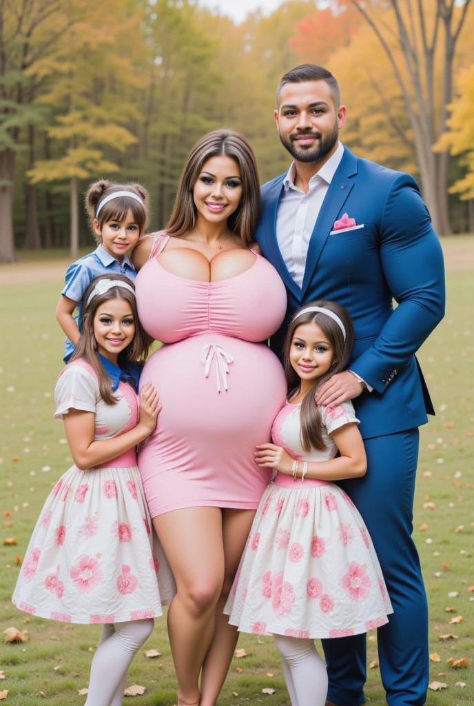 Japanese woman, super huge breasts, wearing a tight dress, with her family full body, sexy dress, milf hot, night halloween party, mini dress halloween, Halloween style,halloween night carrying candy basket with boy, pregnant.