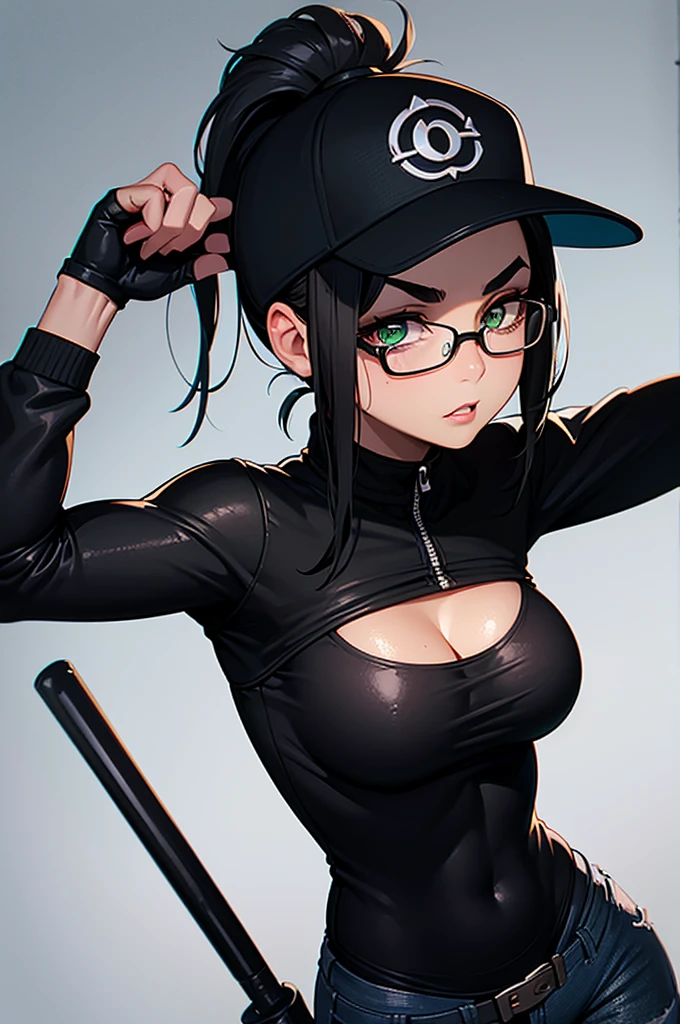 1girl,18yo,perfect hands, perfect finger,perfect anatomy, masterpiece, best quality,realistic, hyperrealistic, 16k hdr,, aamii, short hair, black hair, blue eyes, glasses, (see through nike pink bodysuit:1.2),baseball stadium,standing,(sweat:1.2),(happy smile),large breasts,upper body,(baseball cap)
