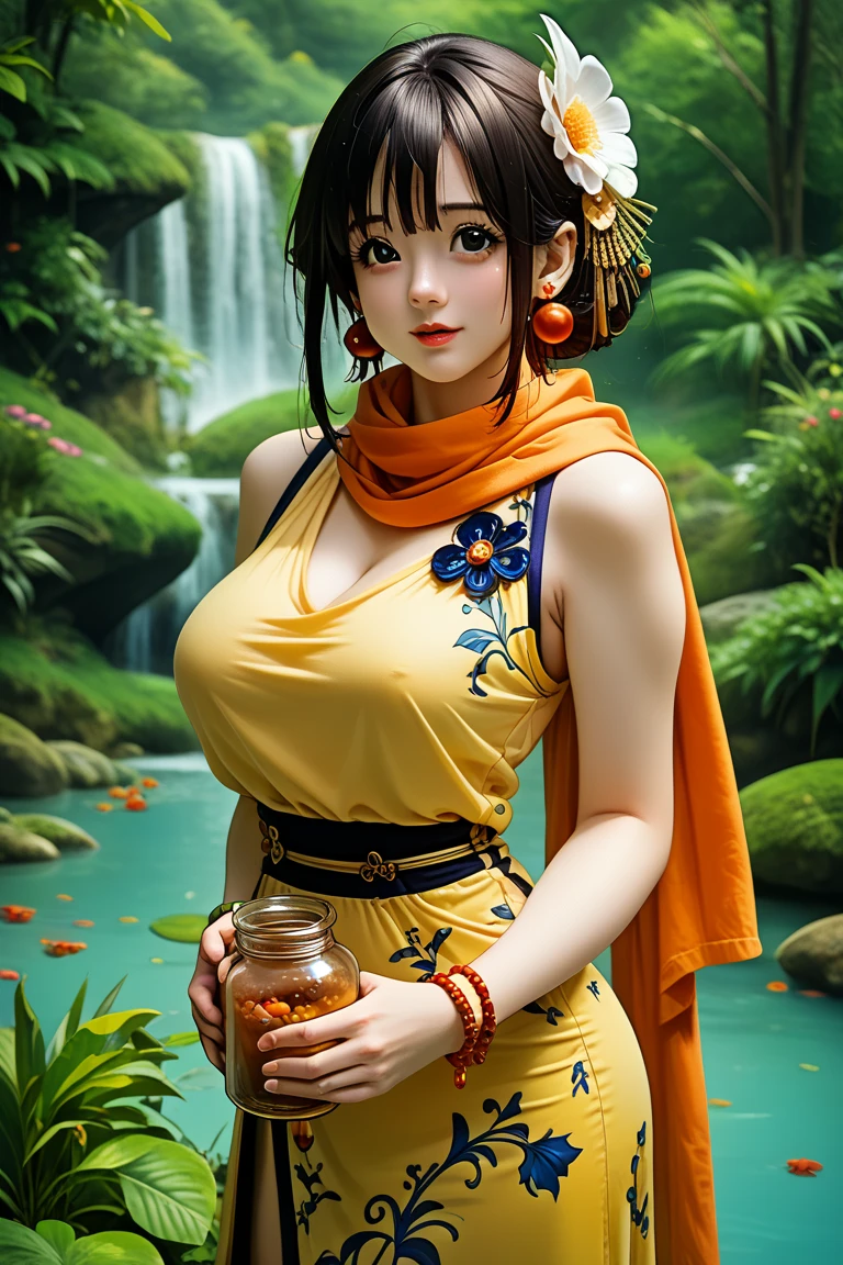 Yellow dress The beauty of the back of a young Burmese woman who is gazing at the natural scenery. Intricate detail crystal clear reflective silk dress 3D HD HD