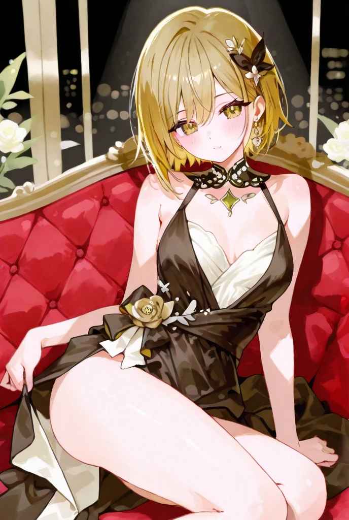 Hanayo Koizumi Yellow-brown hair Purple eyes Shaggy Bob Yellow-green nightgown White garter belt smile Huge breasts night Love Hotel Seduce Lying in bed holding champagne glasses night景 Dark Room