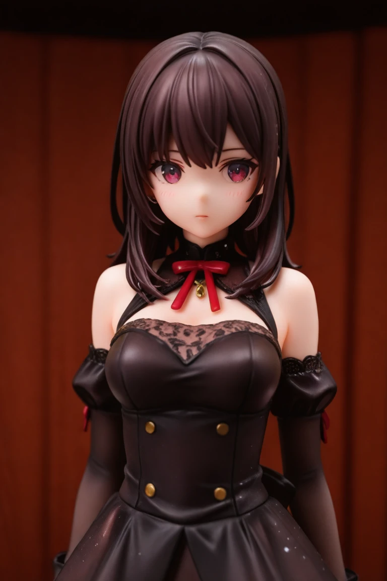 a woman with short black hair, cabelo nos ombros,  wearing a black cropped and plaid skirt, blue colored eyes, gothic art, sensual aesthetics with vibration, wearing red costume, using gothic accessories, on his knees  ,black white background
