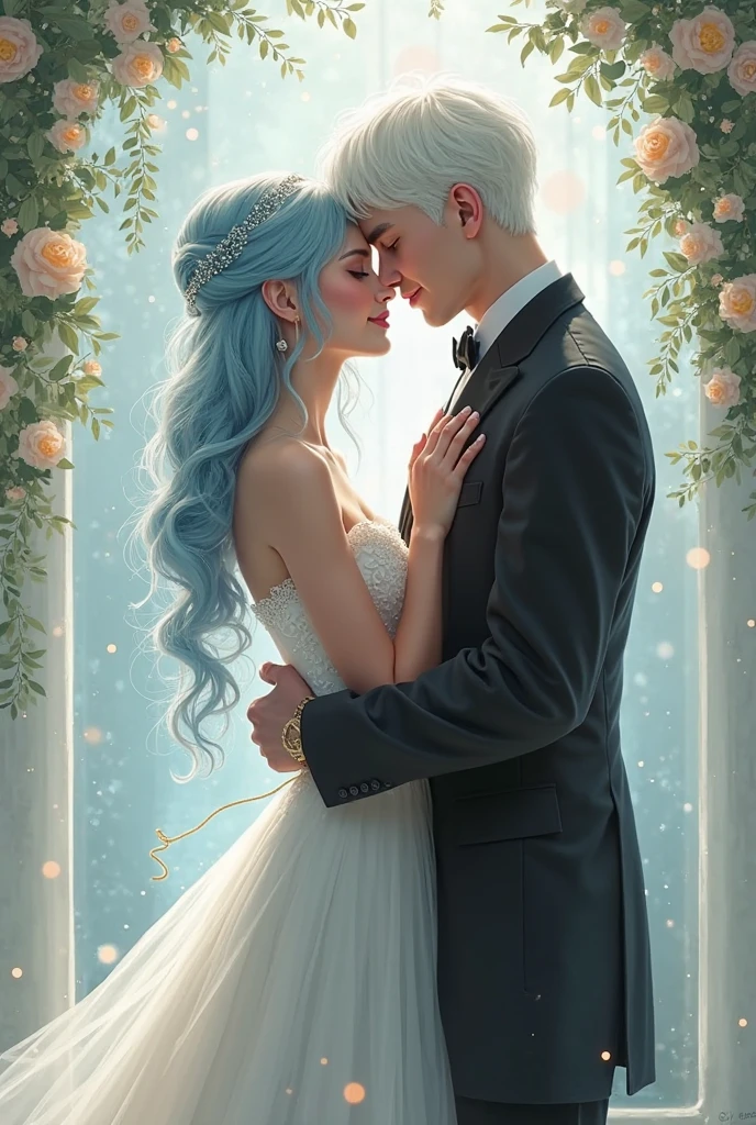 drawning, fancy, Young couple, she with silver hair, he has brown hair