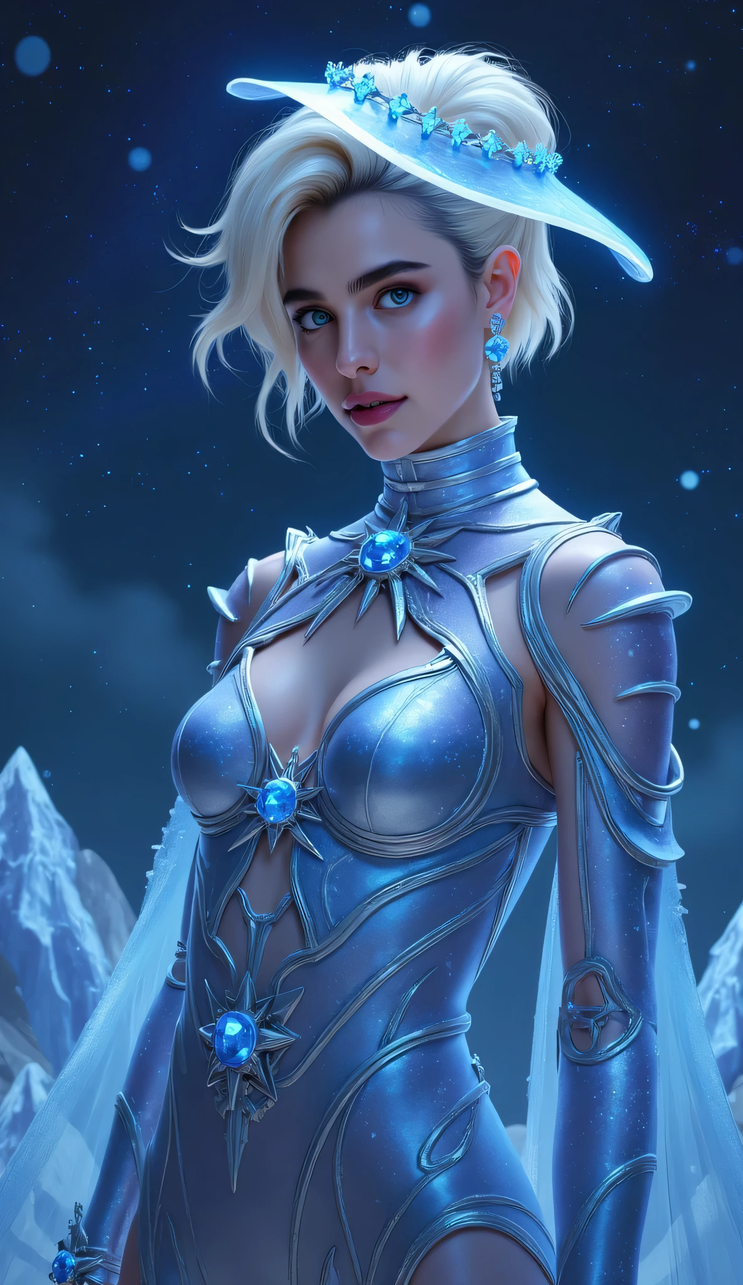 Margaret Qualley as Evelynn, League of Legends, LoL, mysterious and elegant fantasy warrior, platinum blonde hair styled in a sleek updo, glamorous hat, futuristic armor, shimmering cosmic blue and silver tones, outfit blends elements of aristocratic fashion and high-tech design, adorned with star-like ornaments and icy crystalline structures, starry night sky filled with cosmic mist and faint constellations, confident and alluring pose, digital art, polished high-fantasy sci-fi style, glowing effects, sleek textures, celestial lighting