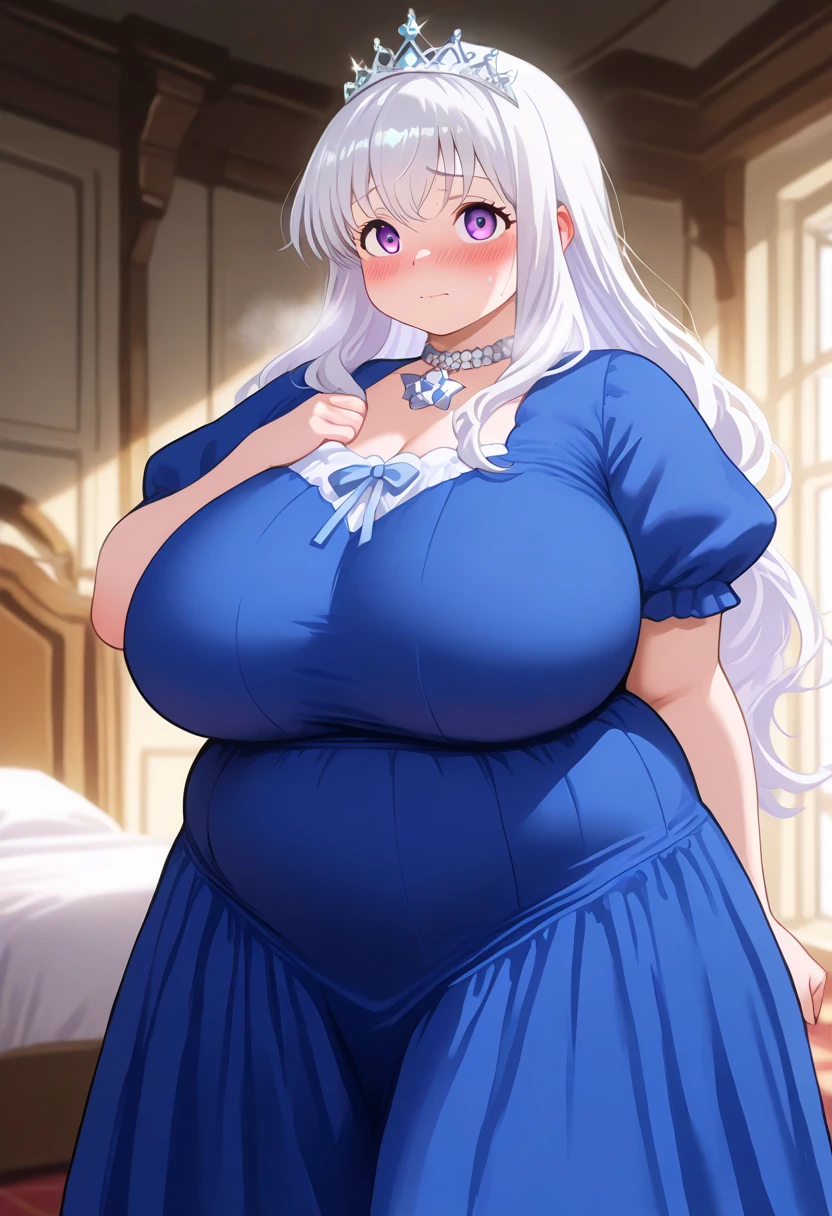 1 22-year-old girl,hair, Long double ponytail, shirt, Fluffy collar, White fluffy skirt, hair上的白色丝带, Lots of hair accessories, Lolita,(Pregnant,Huge breasts:1.8),Room
