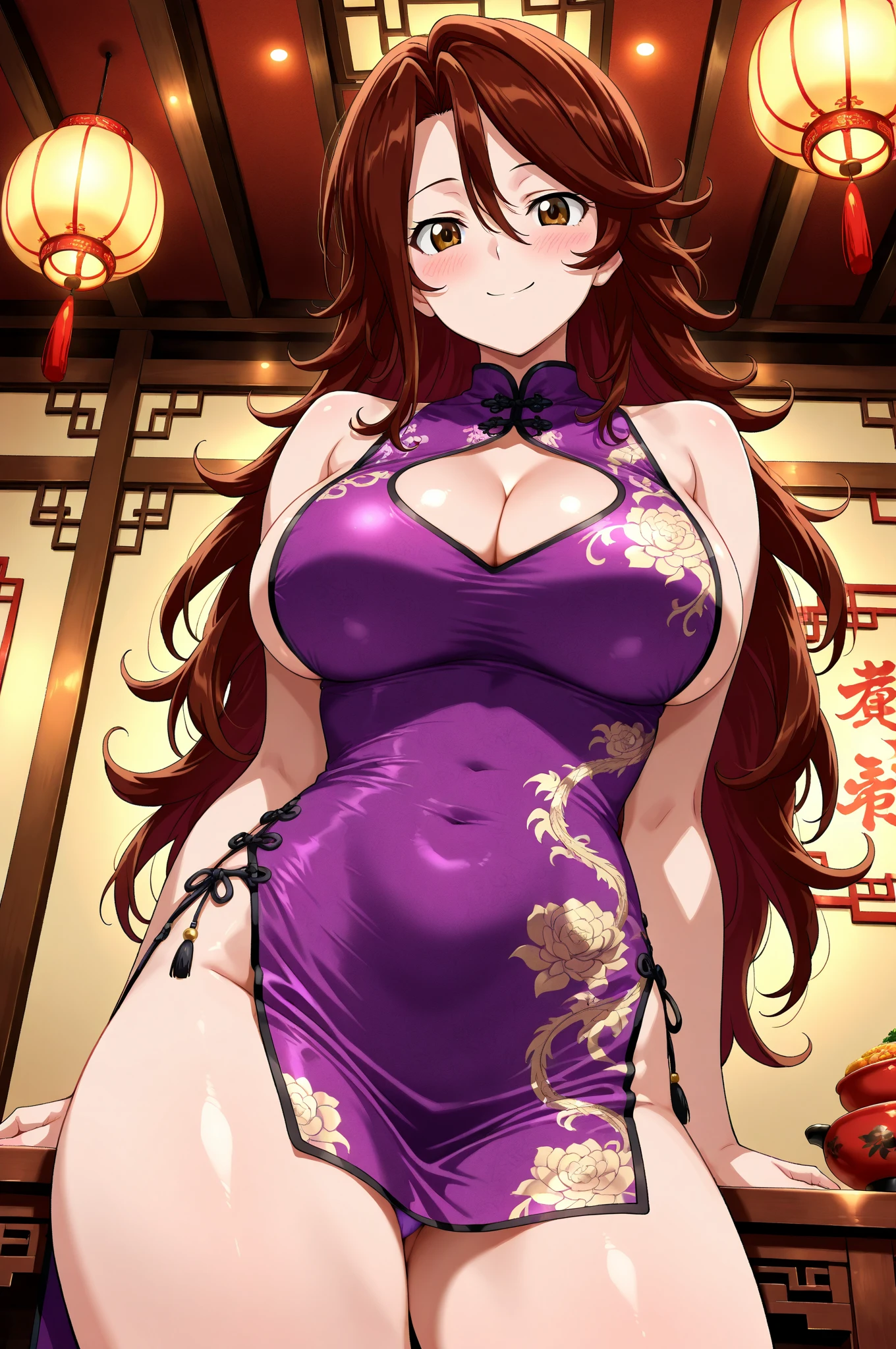 Detailed Background, Tabletop, Highest quality, 1 person , Curly Hair, Long Hair, Purple eyes, Stars in my eyes , Strapless blouse, Long skirt、Big Breasts、Dozen Rose、A rose flower