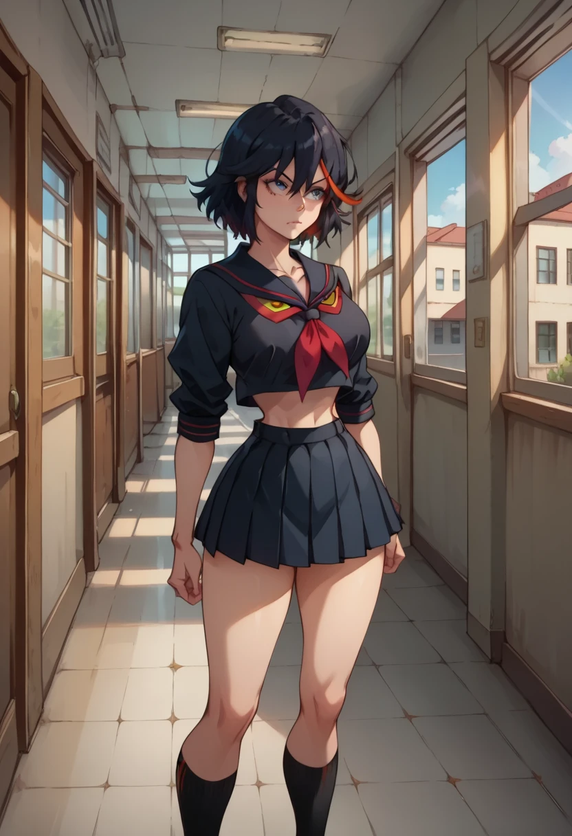(((pixel-perfect, detail-perfect))), solo, 1girl, ryuuko matoi, serafuku, suspenders, navel, closed mouth, v eyebrows, looking at viewer ds9st yellow and black uniform
