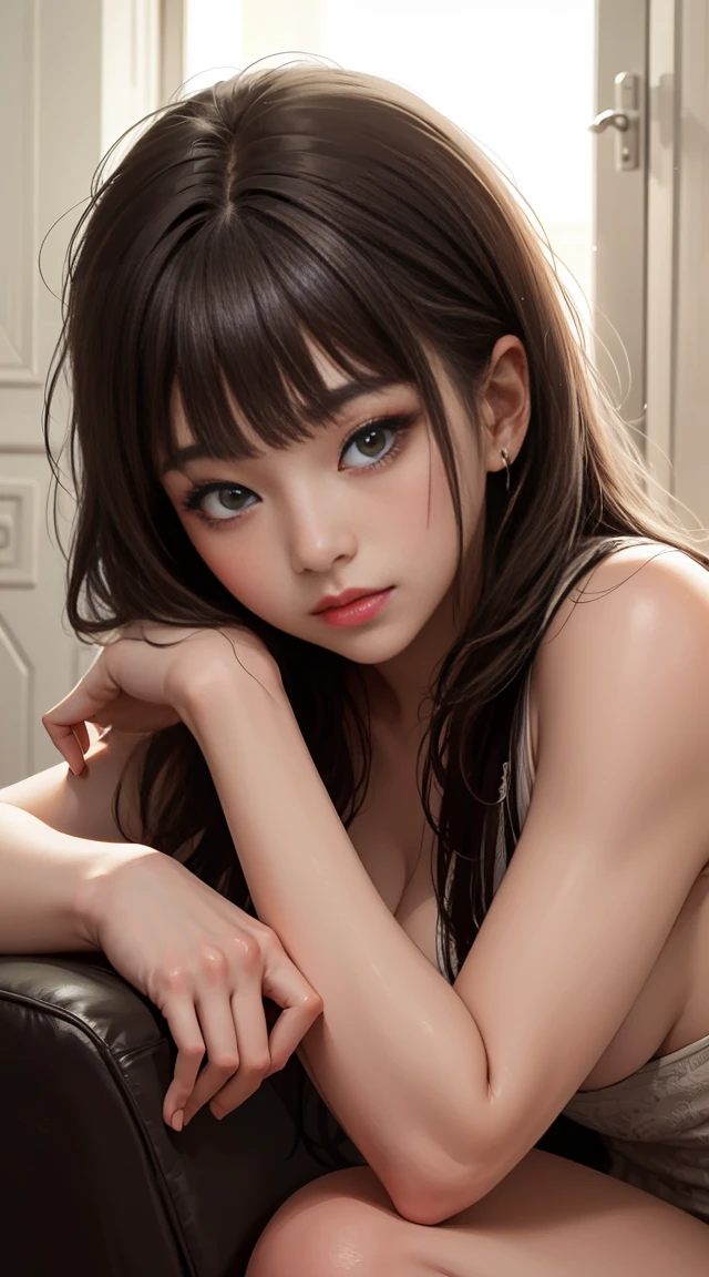((Highest quality, 8k, masterpiece: 1.3, One Girl, beautiful girl)), cute, dynamism, Detailed clothing,((( Completely naked,Get a good night's sleep))),Perfect Anatomy, Toned Legs, double eyelid, Tear bags, Round eyes, Moisturized lips, Sweaty