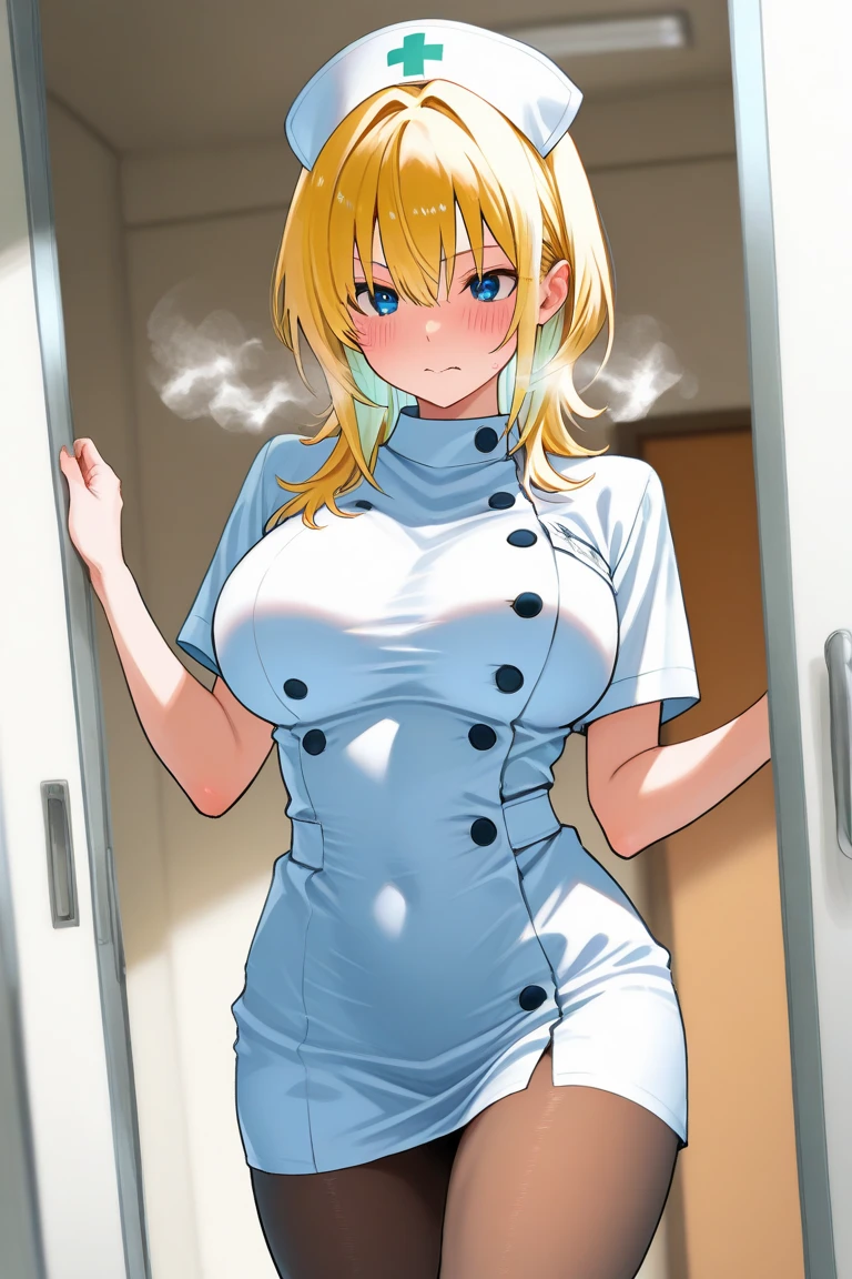 (score_9, score_8_up, score_7_up, score_6_up, score_5_up, score_4_up), masterpiece, best quality, high_resolution, 8k, UHD, 1girl, detailed, extremely detailed, best anatomy, (large breasts), nude, naked, nipples, pussy, nurse, nurse naked, stockings, short hair, yellow hair, messy hair, bangs, green eyes,