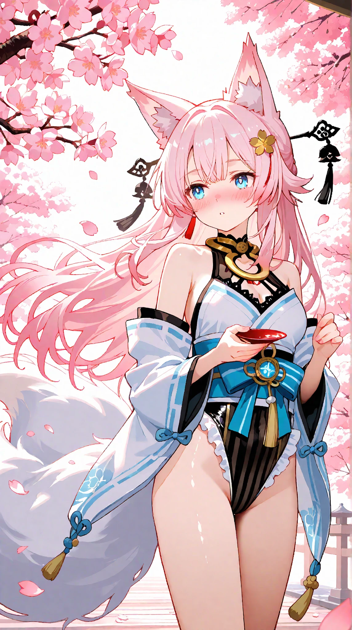 masterpiece, best quality, 1girl, incrsahrisb, kimono, fox tail, multiple tails, white thighhighs, cowboy shot, smile, facial mark,