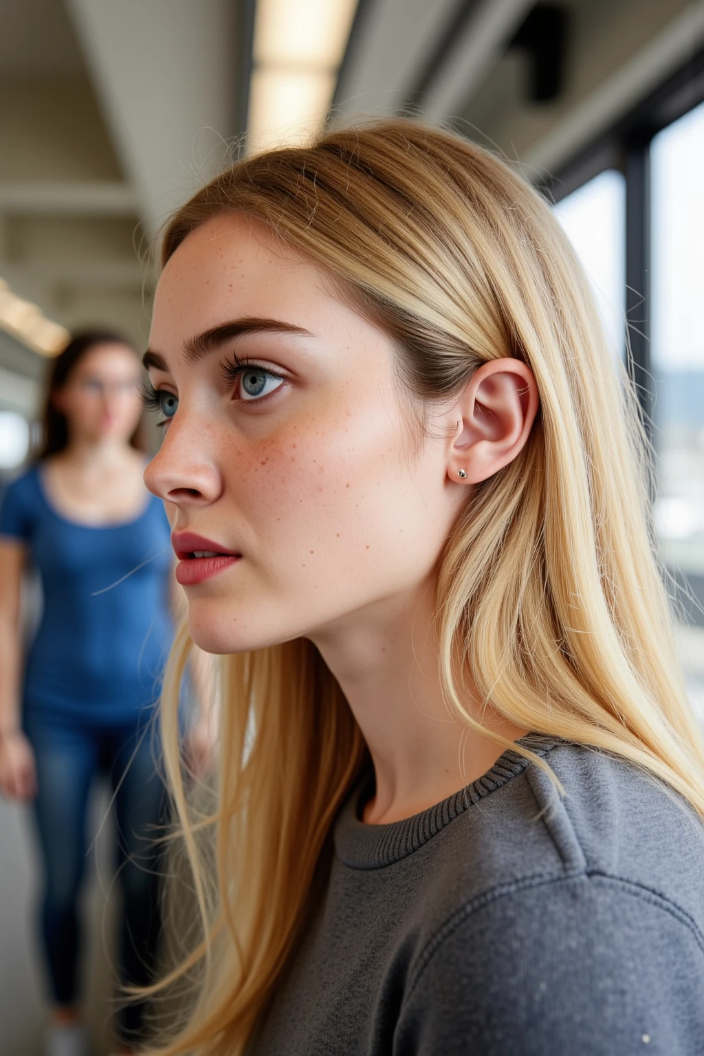 raw photo of a naturally beautiful young blonde woman, pale, in a graphic shirt, at the crowded star wars convention, (people in the background), ((extreme close up)), stunned to see you here too, beautiful, 8k uhd, fujifilm xt3