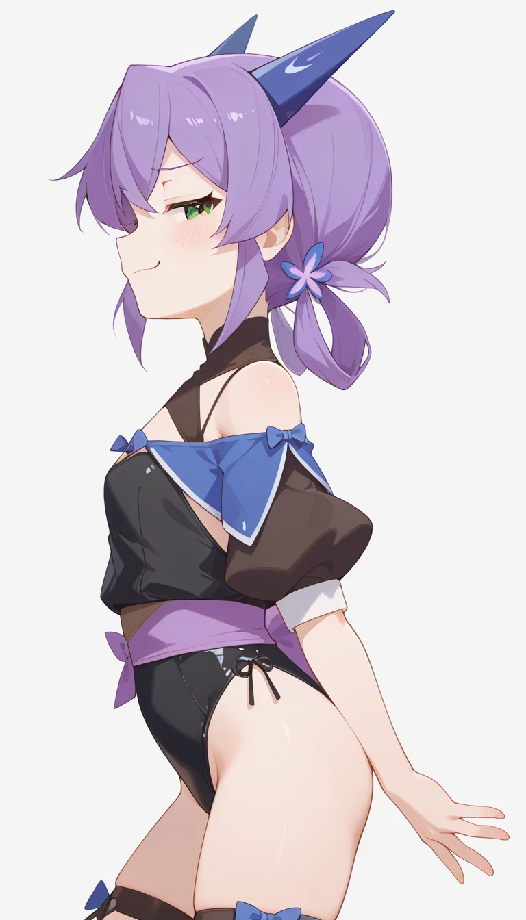 Back view、back、turn around、Butt、Ultra-detailed illustrations、Ultra-precise expression、masterpiece、Highest quality、ultra High resolution、High resolution、Hiromitsu Takeda Style、White background、Simple Background、One girl、solo、Mash Kyrielight、light purple hair,short hair,hair over one eyes、Black sleeveless dress, White collar、Red tie、Black Pantyhose、Purple panties、Brown short boots、Purple eyes、Vulgar expression、smile、Open your mouth、Large Breasts、Big Breasts、Choker of Hearts、White Breath、Sweat、Glowing Skin、shiny skin、