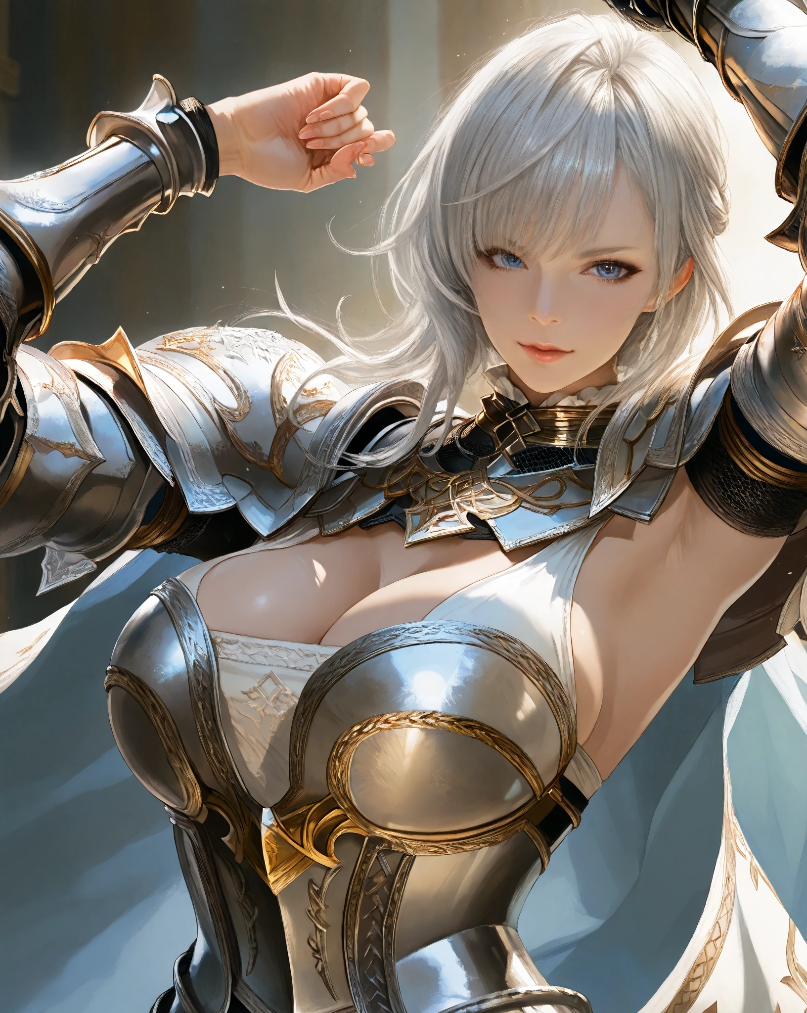 Official Art, Unity 8k wallpaper, ultra detail, masterpiece, best quality, one woman, (very detailed),(RAW photo, best quality), (realistic, photorealistic:1.3), high definition, open mouth wide, ultra-detailed complex 3D rendering of face, (big breasts: 8.8), (highly detailed skin: 1.2), (exposure: 1.1), Beautiful Caucasian woman with full soft breasts and white skin with big ass (topless), breasts, long gray hair, brown eyes, long hair, (translucent white dress), dynamic angle, mystical expression, fire glow effect, fantasy background, rim lighting, side light, cinematic light, ultra high definition, 8k, film grain,best shadow, light particles, detailed skin texture, Detailed gem armor texture, detailed face, intricate detail, super detailed, bright, strong, gold armor, cleavage, have glowing weapon, have shield, pole dron, (()), glowing eyes, long red cloak, fantasy, (realistic),