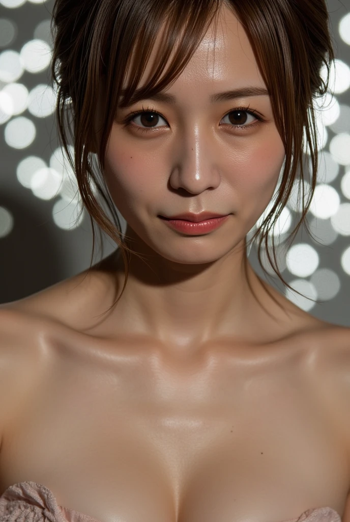 (best quality,ultra-detailed,realistic),(realistic portrait from the chest up),(soft lighting),(Japanese beautiful face),16yo,(detailed facial features),(in public),(being watched by an audience),(line drawing),anatomy correct,((completely naked)),((perfect nude)),undressed,perfect body,correct breast size for your body,gigantic breasts:1.6,(realistic dark large nipples:1.7),((gleaming face:1.9)),evenly shiny skin,((evenly oiled face:1.2)),evenly shiny skin, evenly glowing skin,evenly sweaty face, glowing face, ((shiny face:1.8)),evenly shiny skin, wet face,fucking,orgasm,???????,ascension,ahegao,having sex,seductive look,wet hair,wet and disheveled hair:1.9