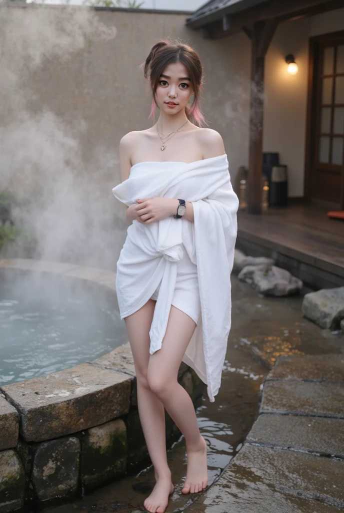 (Back Pose :1.45),(Pink Hair :1.3),最high quality、high quality、Best image quality、8k、最High resolution、High resolution、最high quality、masterpiece、Detailed and realistic human body、Detailed and realistic skin、Realistic face in every detail、Realistic reproduction of every detail、Detailed and realistic lips、Detailed and realistic teeth、Detailed and realistic ears、Detailed and realistic hair、Detailed and realistic weapons、Realistic reproduction of every detail、Realistic fingers in every detail、(Beautiful Hands、thumb１reference４)、Realistic feet down to the last detail、((Beautiful Japanese Girl))、(Japanese Model), (Japanese women)、((18 year old beautiful girl))、(Black Hair)、(Random hairstyle)、((whole body))、((Beautiful upturned breasts))、(Slim Style、Slim fit)、(whole body光沢肌、Fair skin)、((A small white towel is wrapped around the body....))、((Thin towel(Her skin is visible through the wet towel))、(Soft natural light)、((Deep in the forest(Natural hot springs gush out))、((Hot springs surrounded by rocks))、((deep bathtub(deep hot spring))、((Onsen Girls))、((Enter the hot spring))、((A woman warming herself in a hot spring))、((Relax in the hot springs))、((Soak in a hot spring))、((腰までSoak in a hot spring))、((in hot spring water、Sit with your butt down))、((Sit on your knees in the hot spring))、((Soak in a hot spring))、((Kneeling in the hot spring))、((Immerse yourself in hot spring water up to your shoulders))、((A lot of steam rises from the hot spring..))、((Extremely clear hot spring water))、((The main body seen from the water surface))