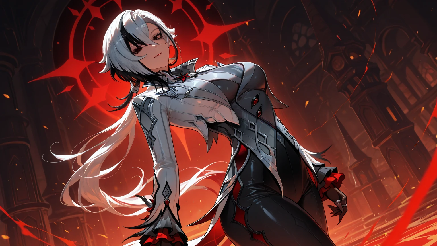 masterpiece, best quality ,ultra-detailed, very detailed illustrations, extremely detailed, intricate details, highres, super complex details, extremely detailed 8k cg wallpaper, monochrome, black and white picture, caustics, reflection, ray tracing,1girl, super detailed face, Extremely detailed eyes, beautiful eyes, highres eyes, solo, white hair, black hair, multicolored hair, black eyes, x-shaped pupils, gloves, arle_suit, upper body, seductive smile, jewelry, looking_at_viewer, signature, solo, standing, unbuttoned clothes, boobs, (holding whip in hands:1.3), (dark room:1.4), low light, moonlight dark, night,  (at the centre of picture:1.2)