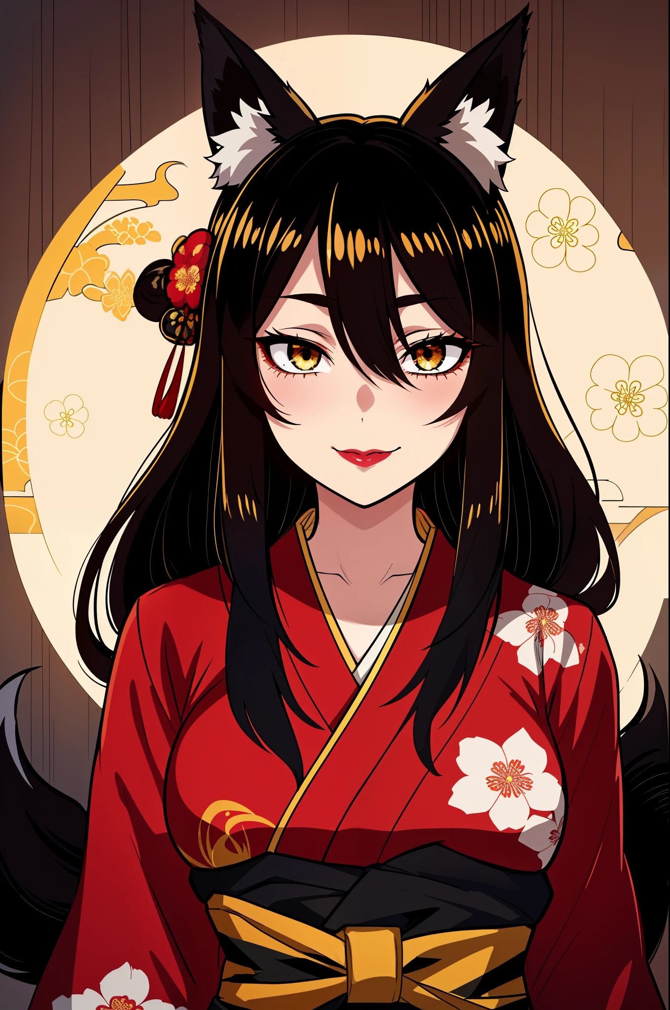 (high-quality, breathtaking),(expressive eyes, perfect face), symmetrical eyes, 1girl, female, solo, young, black hair , gold coloured eyes, gentle smile, long hair, loose hair, hair between eyes, japanese clothing, colorful kimono, floral print, intricate details, black fox ears, mischievious, trickster, soft lipstick, red eyeliner
