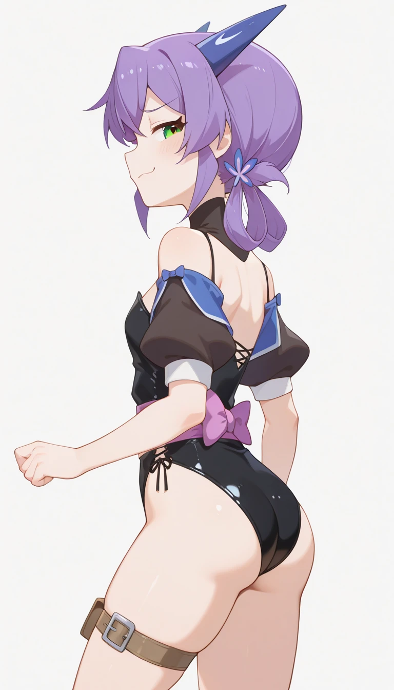 (((masterpiece, High resolution, perfect face))), beauty of China, 30 years old, beautiful face, white background, light purple bikini, embarrassed look, look at the camera, ((top quality eyes)), ((detailed texture)), standing and look at me, Married woman, cool women, ((high resolution eyes)), black hair, ass job, back