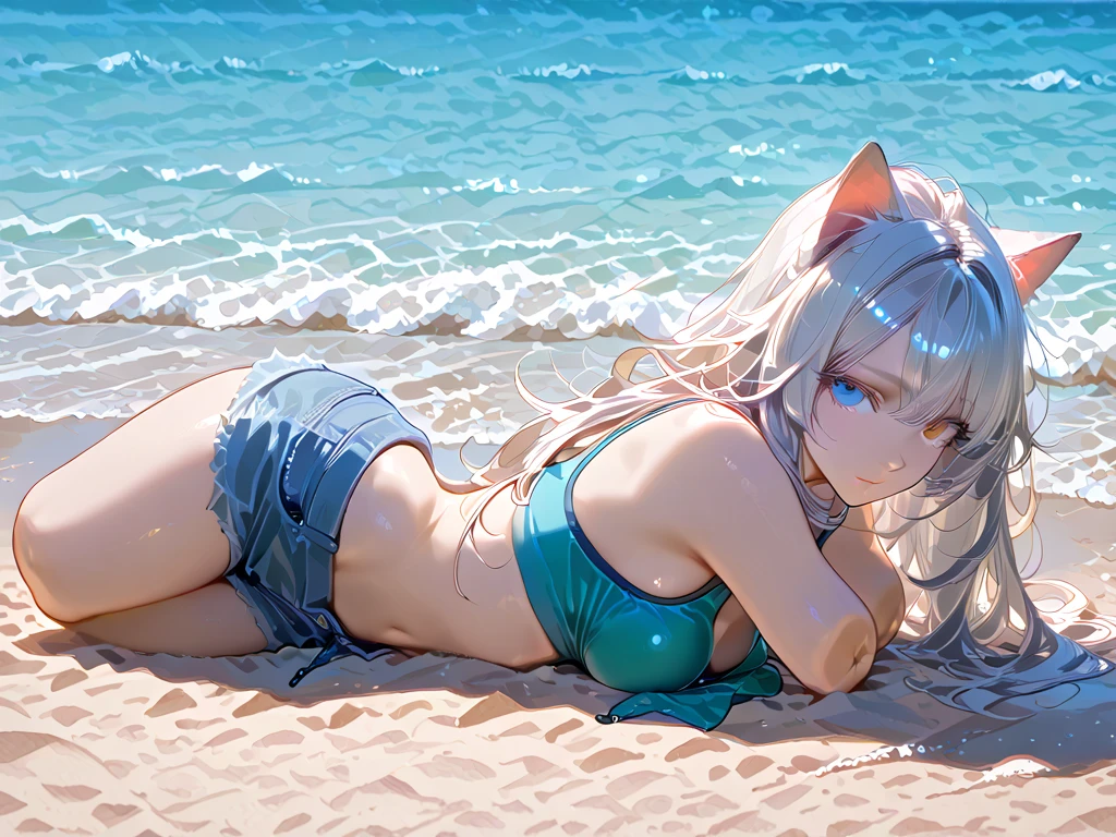 1girl、(((best quality)), ((masterpiece)), (details), masterpiece, best quality, high quality, ulutra detailed, perfect face, ((1girl, blond eyes, tiger ears: 1.3 blond long hair: 2.5,Mole under left eye：2.0))、Shiny Hair、Glowing Skin、Lustful look、Large breasts、Lie face down on a surfboard、surfing、smile、Rash guard、Shorts swimsuit、Ocean、Ocean上、