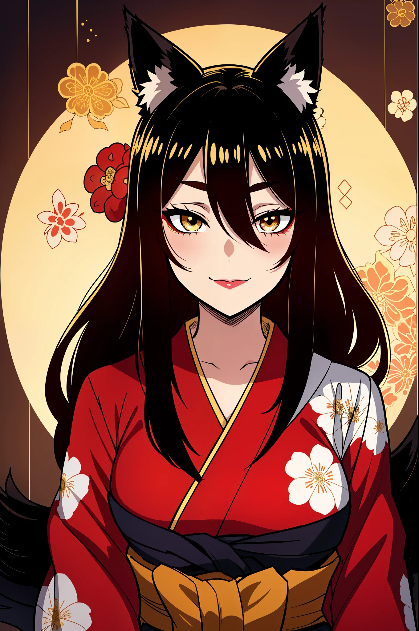(high-quality, breathtaking),(expressive eyes, perfect face), symmetrical eyes, 1girl, female, solo, young, black hair , gold coloured eyes, gentle smile, long hair, loose hair, hair between eyes, japanese clothing, colorful kimono, floral print, intricate details, black fox ears, mischievious, trickster, soft lipstick, red eyeliner
