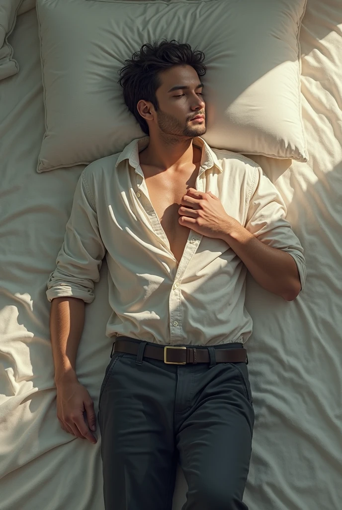 Man with half-open satin blouse resting his hands on the floor in a way that shows part of his neck and collarbone, torso lowered. from sideways