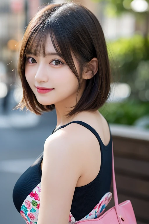 masutepiece, Best Quality, Illustration, Ultra-detailed, finely detail, hight resolution, 8K Wallpaper, Perfect dynamic composition, Beautiful detailed eyes, doress, short Hair, mid-chest, Natural Color Lip, Random and sexy poses,Smile, Blurred park at night background、20 years girl、Colossal 、Too much exposure、tank top（black）、Exposing the chest、Slid、I keep my hair tied up