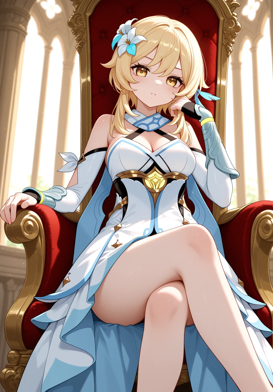 score_9, score_8_up, score_7_up, score_6_up, source_anime, BREAK by ikuchan kaoru, iku, clean color, flat color,1girl, genshin impact, lumine genshin impact, indoors, castle, princess, crown, femdom, barfeet, foot on viewer, sitting on throne, dominant, smug, smug grin, ((closed mouth)), solo