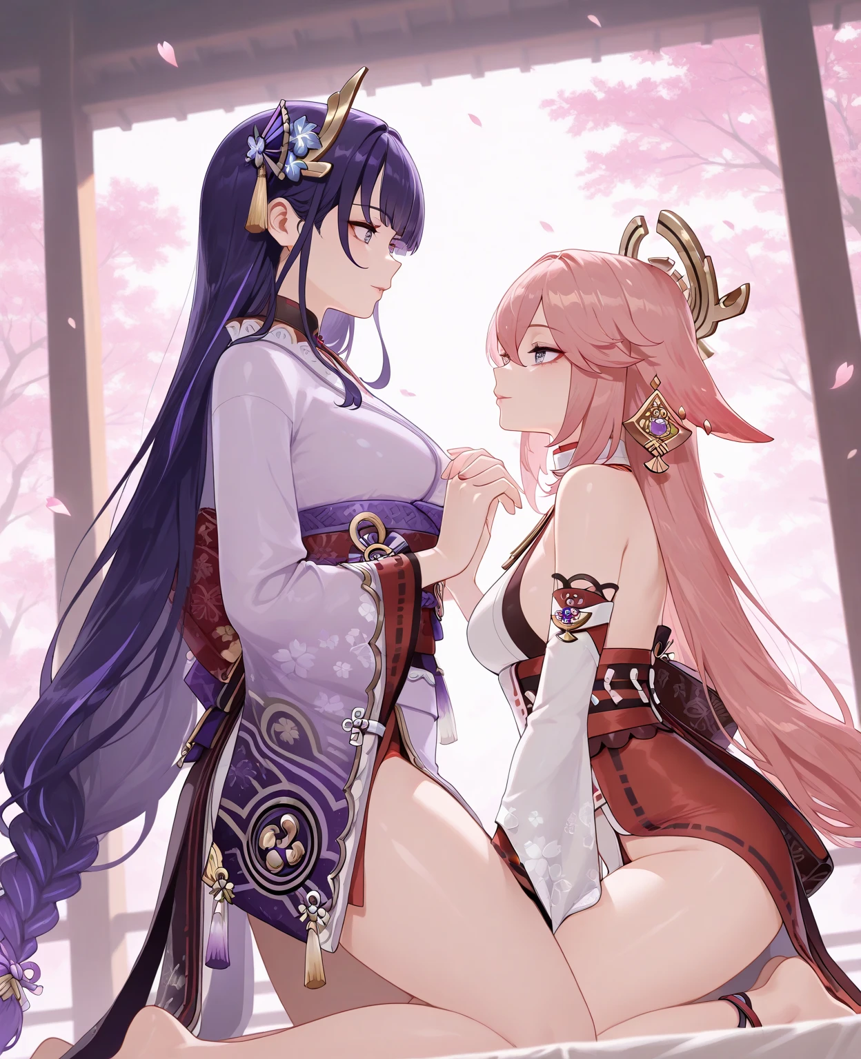 tmasterpiece,best qualtiy,Multiple girls,Breast-huge,2girls,Yae Miko,Raiden Shogun,Purple eye,Pink hair,Japanese style costume,Purple colored hair,huge tit,long whitr hair,cleavage,hair adornments,upper legs,Purple kimono,Stockings,By bangs,beast ear,Remove sleeves,Fox ears,Wide sleeves,komono,themoon,arma,pigtails,(kbxll:0.8)