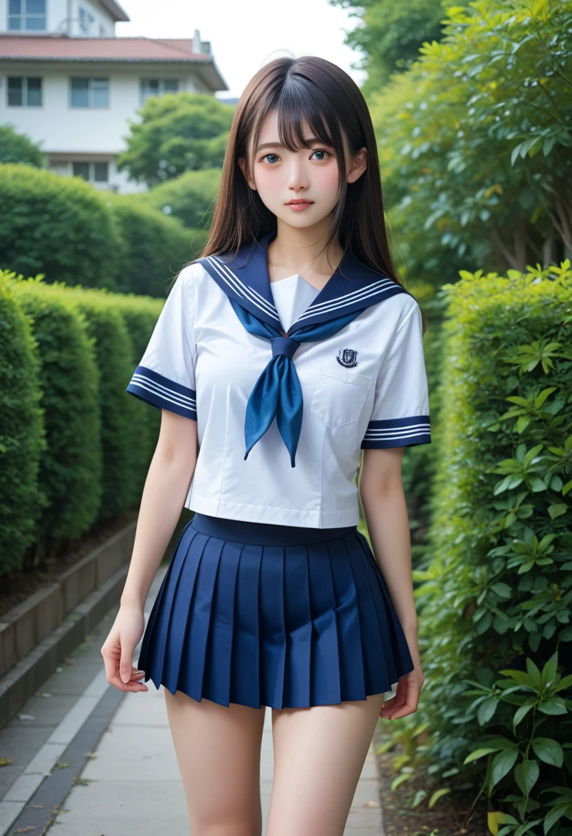 (8K), (Highest quality: 1.2), (Realistic), (Realistic: 1.37), Ultra-high resolution, 1 Girl, cute, smile, Mouth closed, Beautiful details, Beautiful Nose, whole body, Wet Hair, Giant Dalcefo, pork, school uniform, Thighs