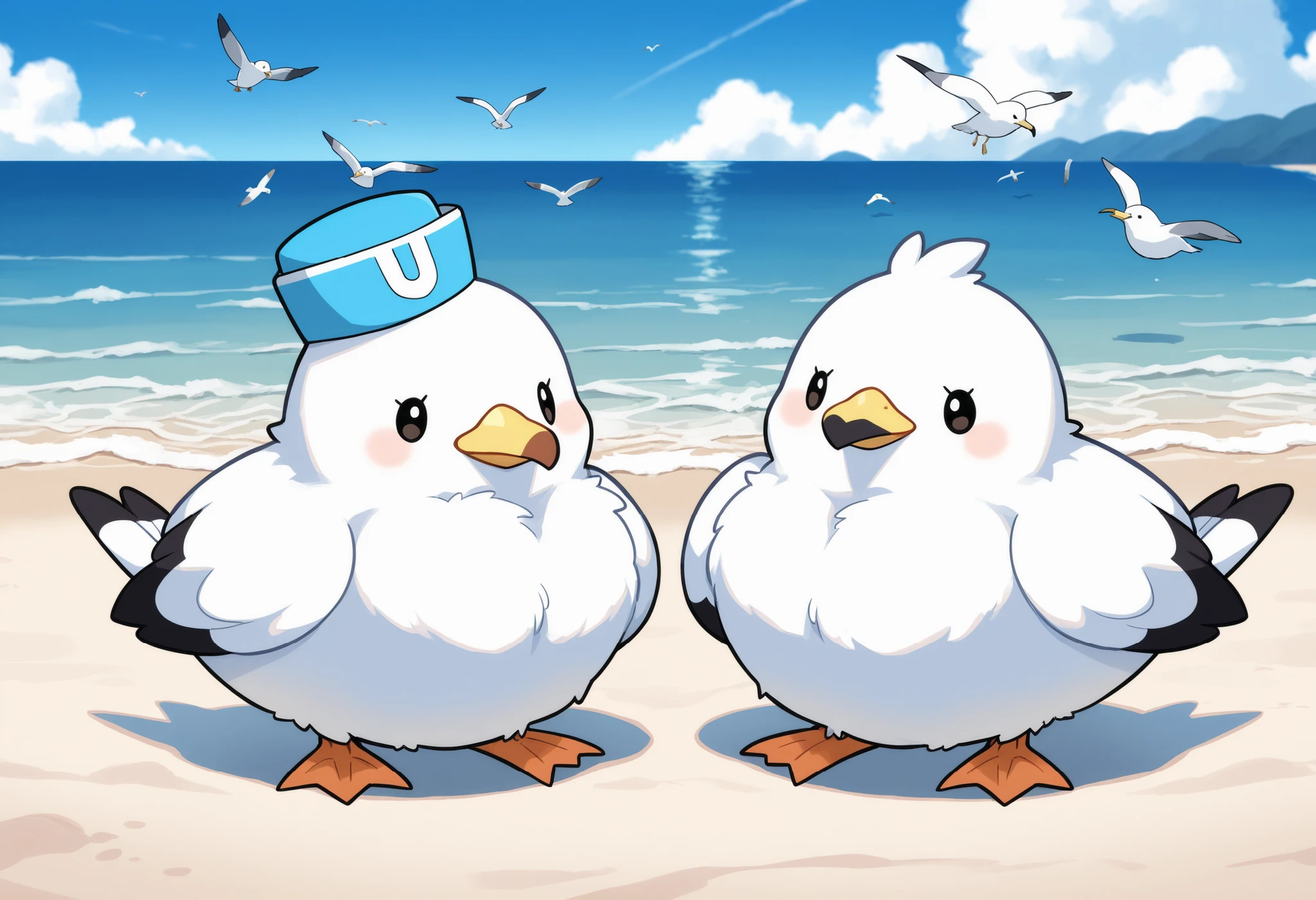 Masterpiece,Best quality, ultra detailed,Japanese Anime style, (pure white sparrow mascot and seagull ) , white sparrow,round body, fluffy body,simple face, cute appearance, Seagull, beach, sparrow and seagulls greeting each other,