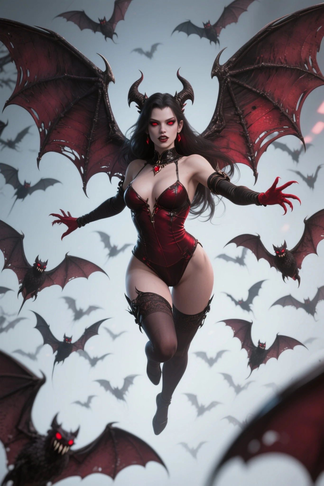 natural dim light, shadow, full body portrait, (beautiful female vampire in mysterious cave with magical_glow), cinematic, (beautiful_vampire_woman, rough_textured_skin, darkgrey_skinned, darkpurple_lips, long hair, red_blue_purple_glowing_eyes, angle, sinister grin), (midnightblue_moonlight), (black_darkblue_ritual robe, red_gold_symbols_decoration), (muscular_darkgrey_gargoyle_wings), pointy_ears, fangs, dark_fantasy, 8k, Unreal engine, highly detailed, octane render