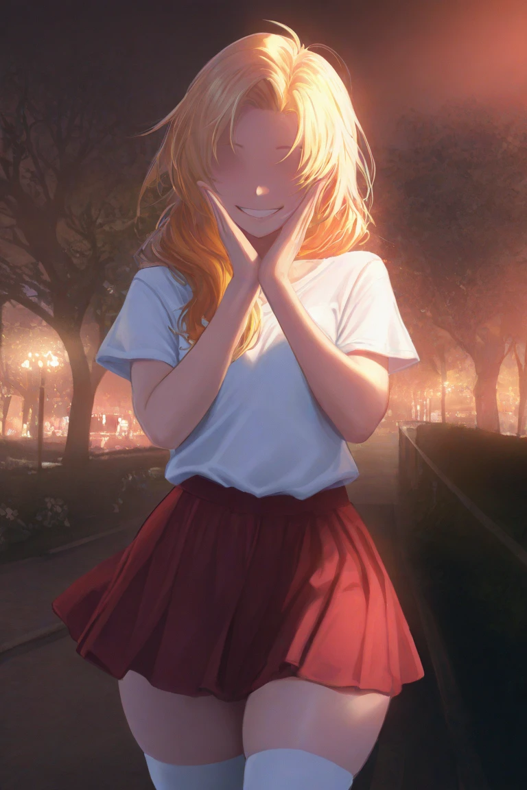 ((NSFW, , best quality, amazing quality, very aesthetic, extremely detailed, intricate details, minute details, detailed background, dramatic cinematic lighting:1.4,incredibly_absurdres, hard light:1.4, masterpiece 8k, vivid colors, rich palette, score_9, score_8_up, score_7_up,), Park, sunset, 1woman, no eyes, blonde hair, long hair, eyes on hands, smiling, white T-shirt, red skirt, white thighhigs, small breasts, thick thighs, wide waist