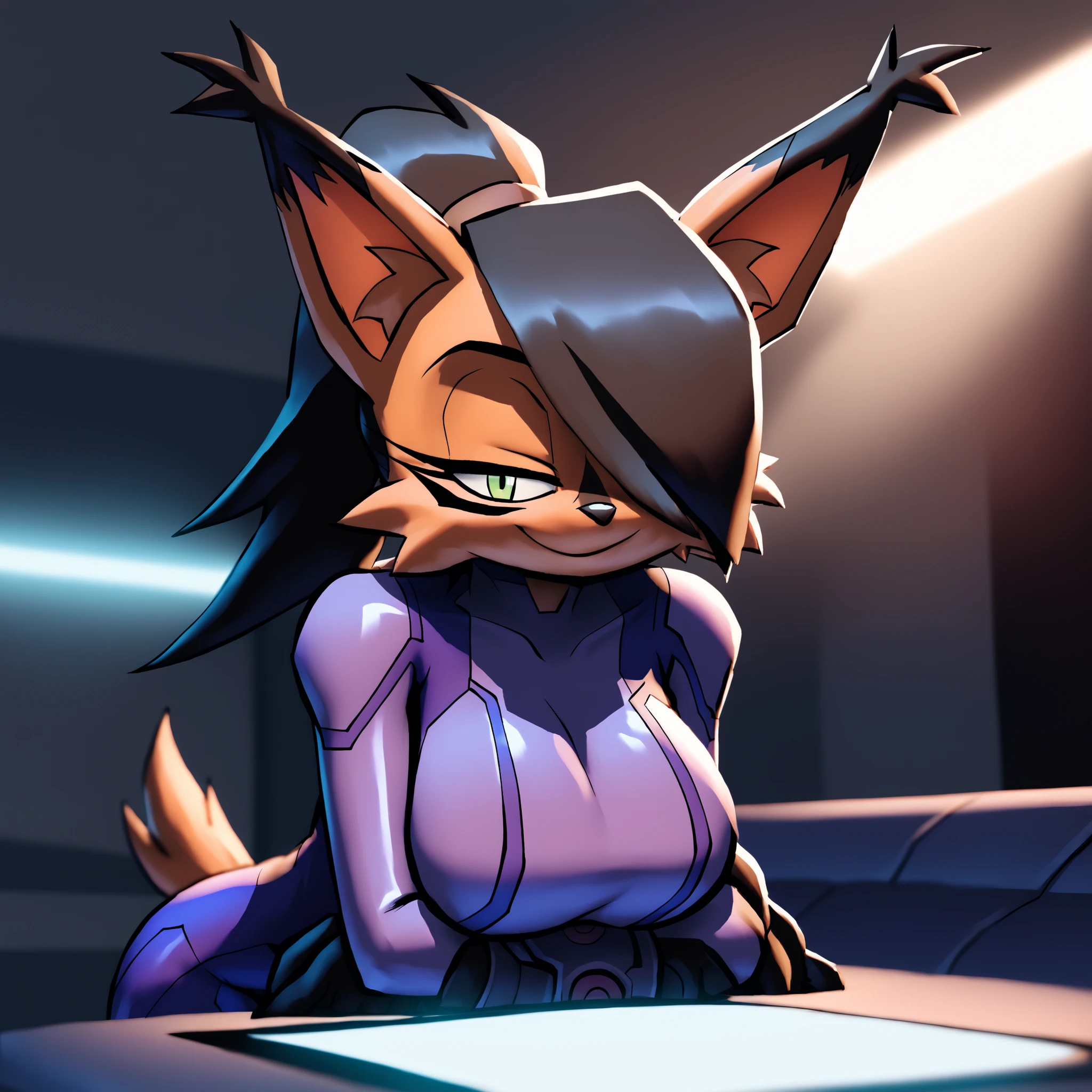(Hair bangs over one eye), long black hair, (ponytail), (long hair), ((long ponytail)), wide ponytail, nicole the lynx, green eyes, black hair, brown fur, black eyes, zero suit, ((purple suit)), Mobian Lynx, 1girl, (Lynx), bigdad/character, (Mobian), female, young adult, large breasts, solo, smile, bending forward, looking at viewer, half closed eyes, makeup, futuristic bedroom, virtual reality , indoors, (masterpiece), best quality, highres, 4k, 8k, Detailed Illustration, intricate detail, cinematic lighting, amazing quality, amazing shading, soft lighting,