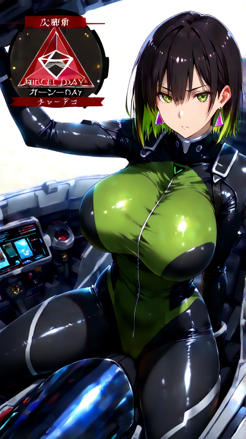 1girl, large breasts, wide hips, green hair, very short hair, short hair, green eyes, bikini, black bikini, neon trim, green neon trim, smile, smirk, smug, futuristic, science-fiction, tech, machinery, shoes, sneakers, motorcycle, motor vehicle