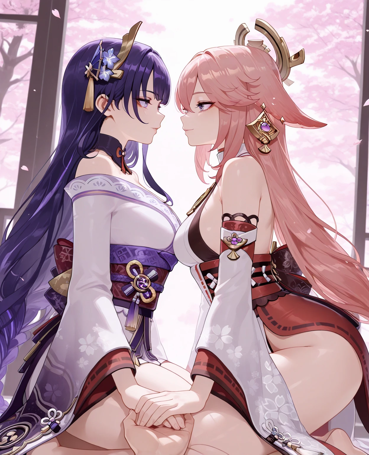(3 Girls 1.4), (1st party using LoRa1 Raiden Shogun Genshin), (2nd party using LoRa2 Yae Miko Genshin Impact |), (3rd party using LoRa3 Kujou Sara Genshin Impa |)Three women were sitting on the floor and one was holding a knife in hand........., One woman carries another woman, one woman carries another woman........., Sit with your wrists together........., Three beautiful girls in love, Three women........., Lesbian Art, Homosexual girl groups, Handshake, vector art illustration, flat illustration, Flat shading illustration, Lie down with your wrists together........., two girls, lesbian, Embrace Lesbians,(2:Girls together..........), (NSTDA.:1.2), (10, beste-Qualit, master-piece: 1.4), ultra-high resolution, (lifelike, photorealistic portrait: 1.48), 20 age, Cute Girl, (See through the bikini beetle), Famous Japanese actors, beautiful clear eyes, G Cup Big Breasts, Head tilt., cowboy shot, from the side, looking at the audience, expressionless, Beautiful lake, Zeiss 150mm F/ 2.8 Hasselblad, Around the lake there are high mountains surrounded by striped mountains............, Whole body, foot, Ultra-Wide Angle, The backyard is a beautiful sea.............................................................. ,
