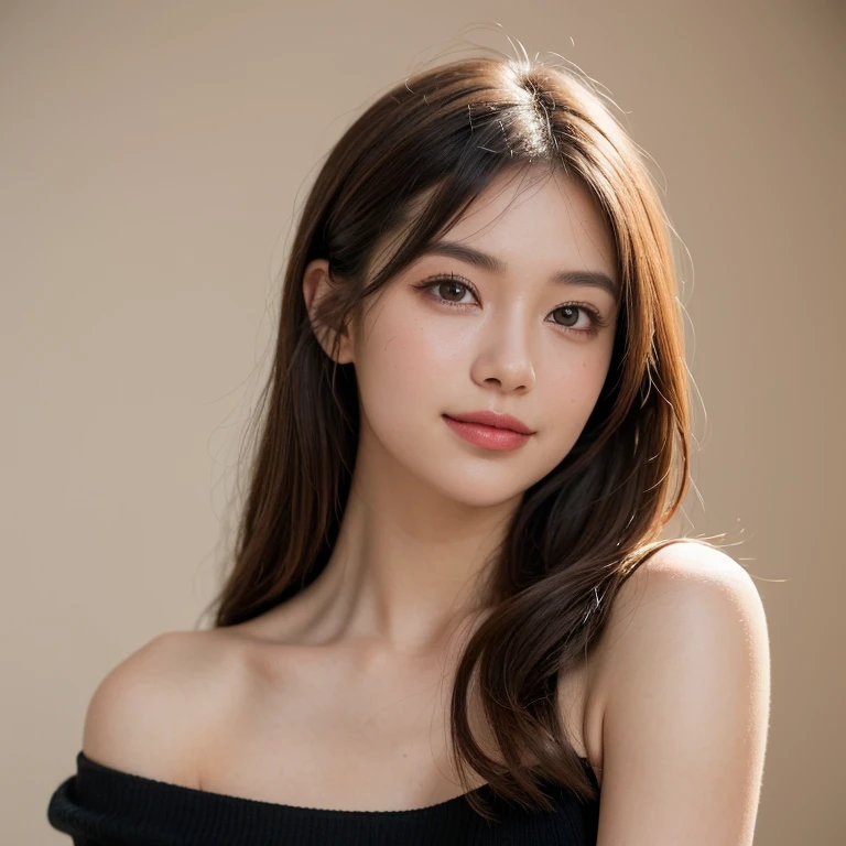 masterpiece, best quality, ultra-detailed, intricately detailed hyperdetailed, realistic, sharp features, highly detailed, sharp focus, Japanese idol, perfect face, perfect symmetrically perfect eyes, perfect full lips, flexible female form, cinematic, film light, hyper detailed, hyper realistic, high resolution, vibrant, dynamic studio lighting, Dark background, medium hair, straight Bangs, brown Eyes, Black sweater, Portraiture, (Mischievous smile),