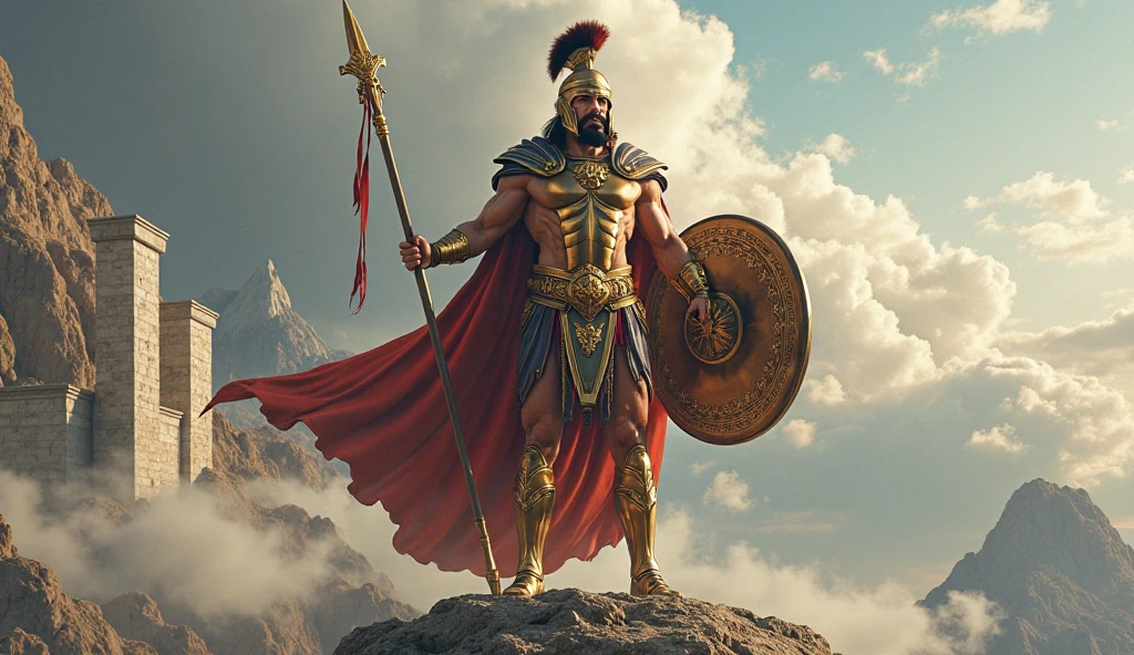 Statue of a powerful Greek warrior, marble, with arms crossed, theatrically lit up at night, in the style of Gérôme and Boris Vallejo.