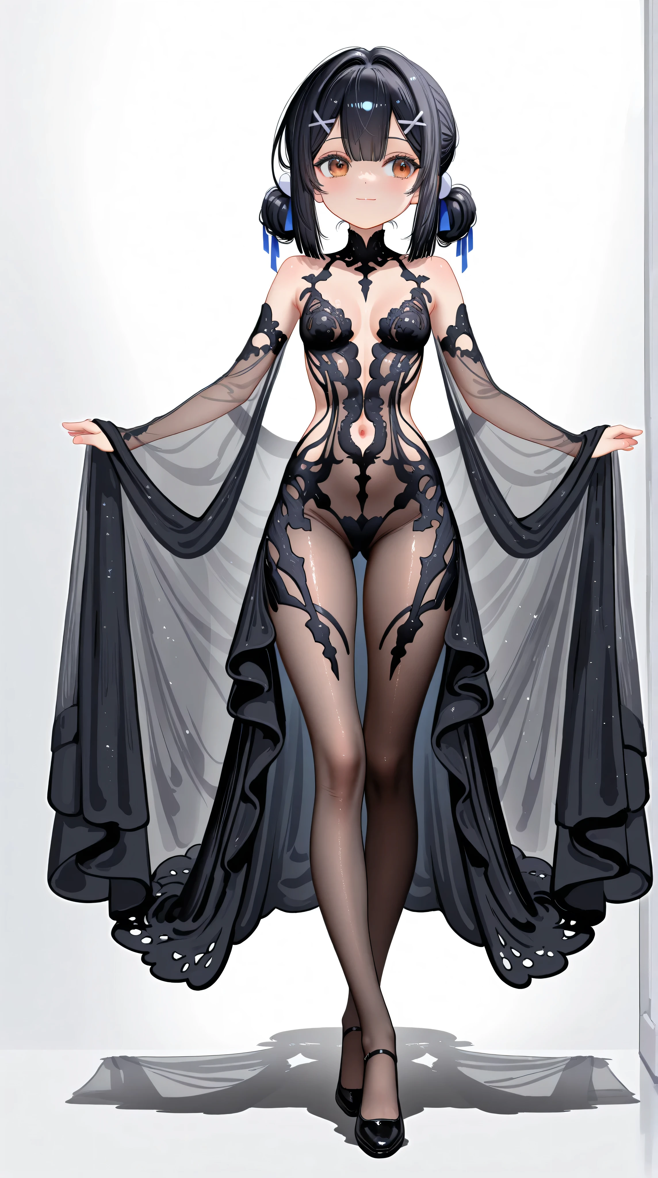wide shot,full body,1girl,Miyu Edelfelt,,toddler,petite,cute face,light smile,solo,brown eyes,black hair,x hair ornament,small breasts,spread arms,cleavage see-through,navel,bare back,slim,slim legs,chronopattern dress,full bodystocking,revealing-clothes,walking,masterpiece,best quality,newest,highres,absurdres,very awa,shiny skin,(artist:loika:0.5),(artist:xiaoshou xiansheng:0.8),artist:rin31153336,artist:gawako,