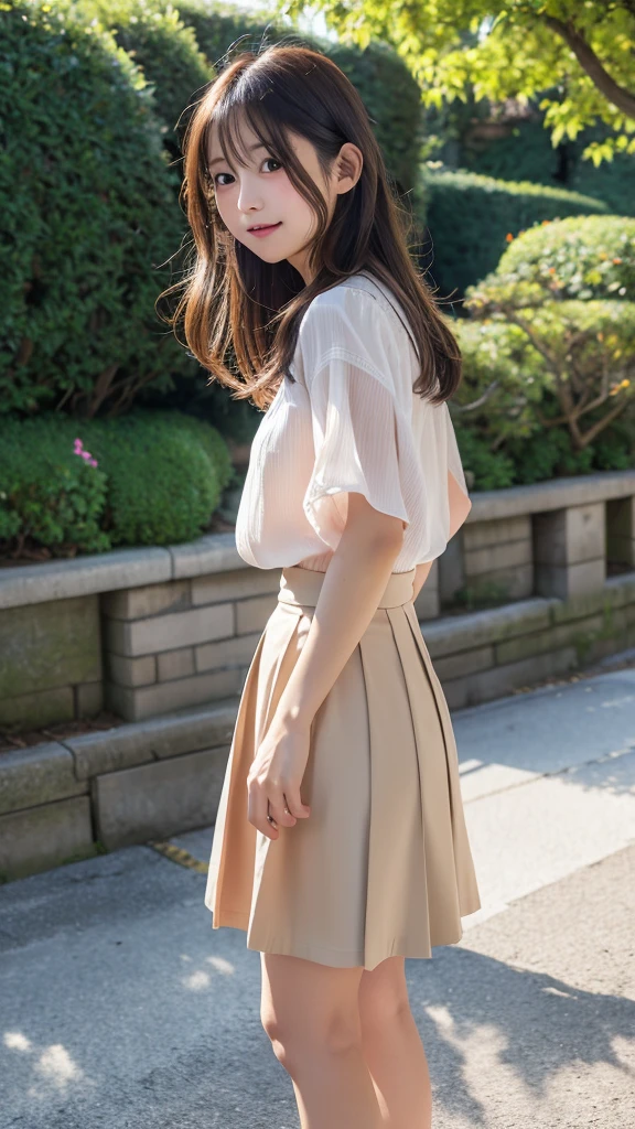 Sunburn marks on tanned skin、blush、Blonde bun hair,A cute 17-year-old girl with a cute look, A strong wind blows my hair in front of my face、Beautiful big sparkling eyes, Cute eyes hidden by long bangs、Yawn、No visible nasolabial folds、A short, light-colored miniskirt、A summer shirt with cute colorful patterns、Korean Beauty、Cheeks