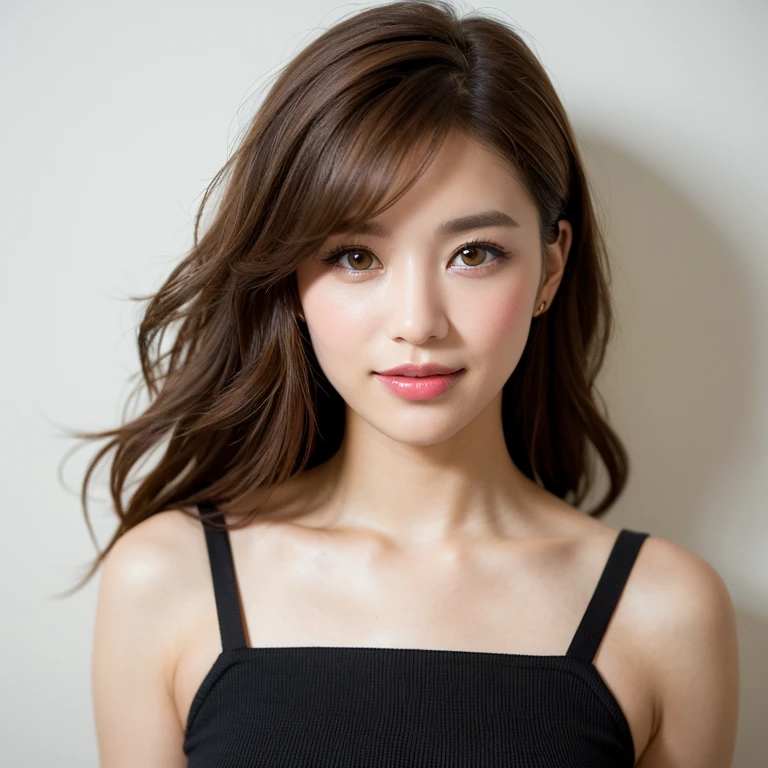 Upper Body、Beauty、Well-formed face、20-year-old、Uniform eyes、Small face、, light brown hair, hair over shoulder, parted bangs, straight hair, expressive hair, shiny hair, earrings, seductive smile, Upper body naked、Small Bust、, Surrealism, cinematic lighting, first-person view, pov, f/1.2, Nikon, depth of field, cowboy shot, UHD, textured skin, best quality, highres, 8k