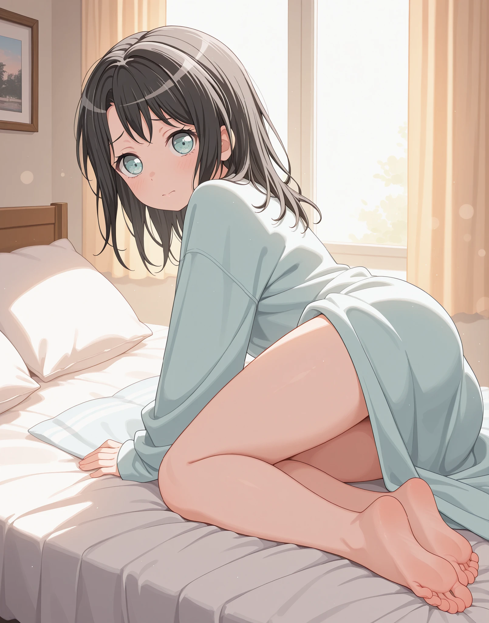 1girl, misaki, black hair, teal eyes, light blush, black medium length hair, shy expression, cute, bedroom, Bang dream, looking at viewer, feet, best quality, 4k, 8k, high resolution, masterpiece,  HDR, UHD, studio lighting, ultra-fine painting, sharp focus,  professional, vivid colors, bokeh, interior, cozy, soft lighting, window, curtains, bed, pillow, blanket